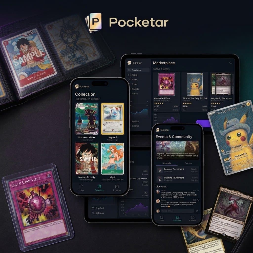 Pocketar en teléfono y tablet: colección, mercado y eventos, rodeado de cartas de colección.